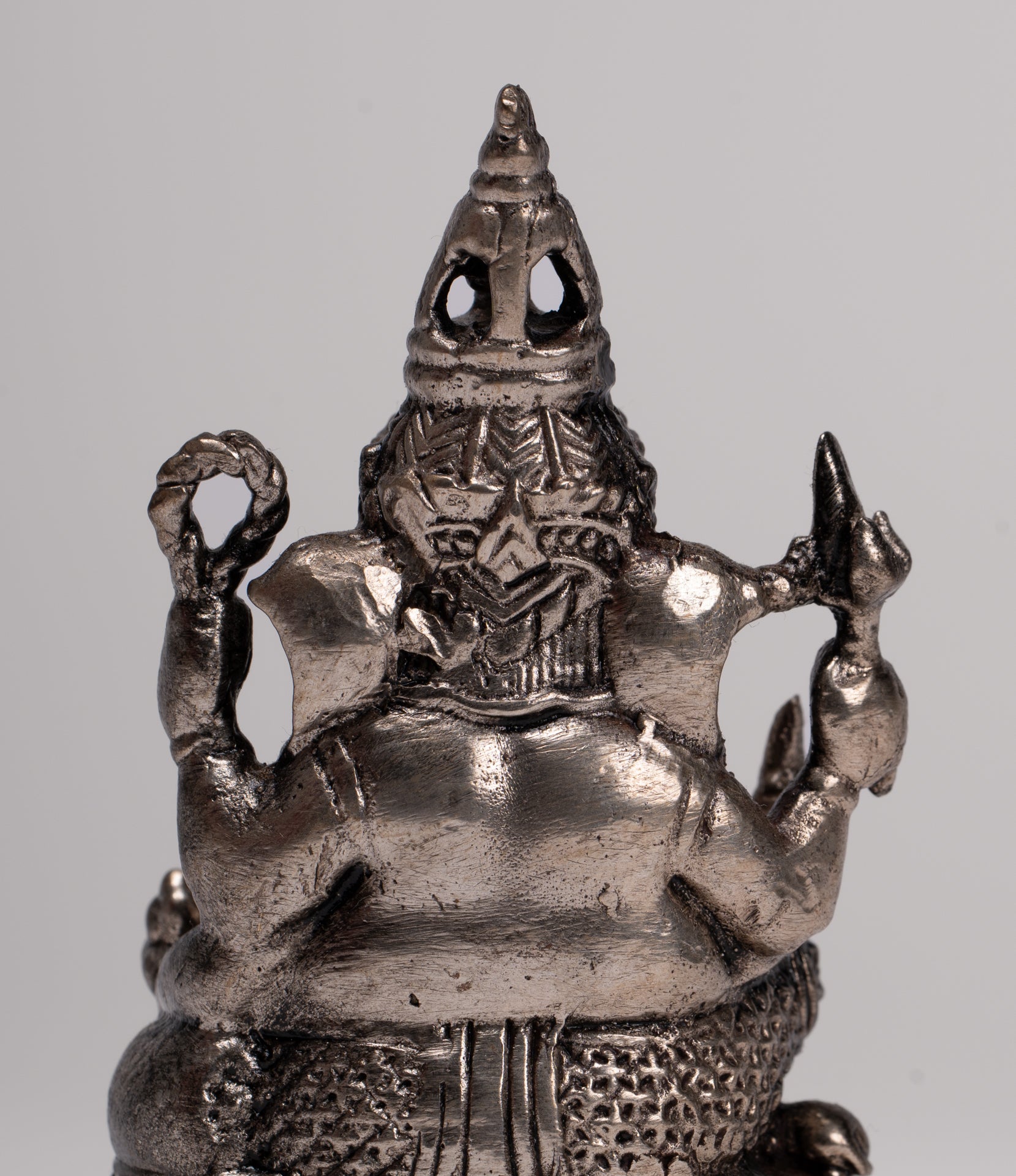 Ganesha Statue - Antique Thai Style Bronze Seated Silver Ganesha Statue - 8.5cm/3"