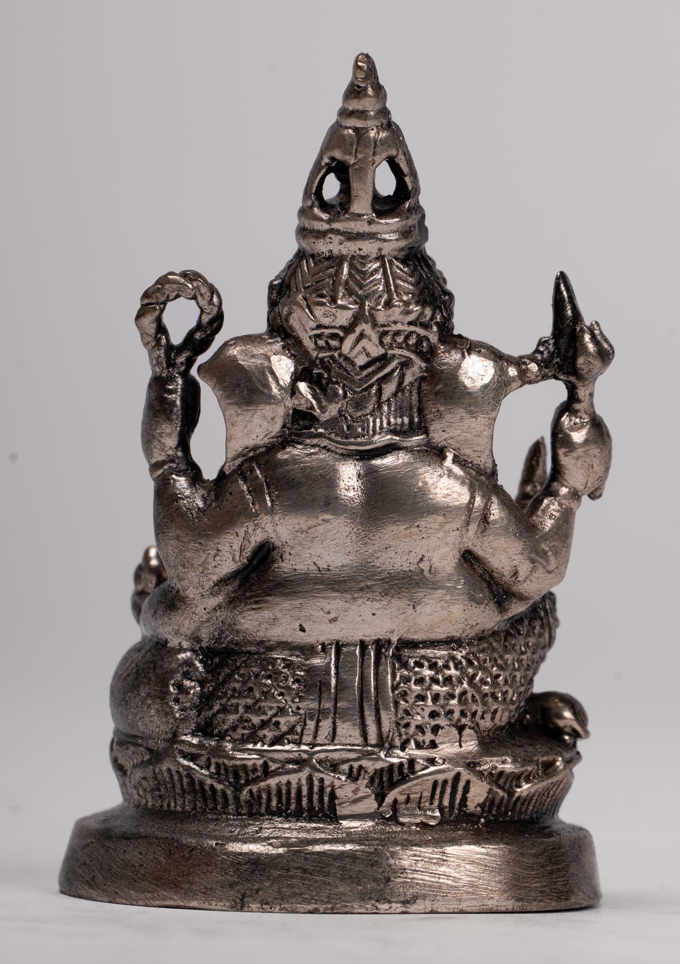 Ganesha Statue - Antique Thai Style Bronze Seated Silver Ganesha Statue - 8.5cm/3"