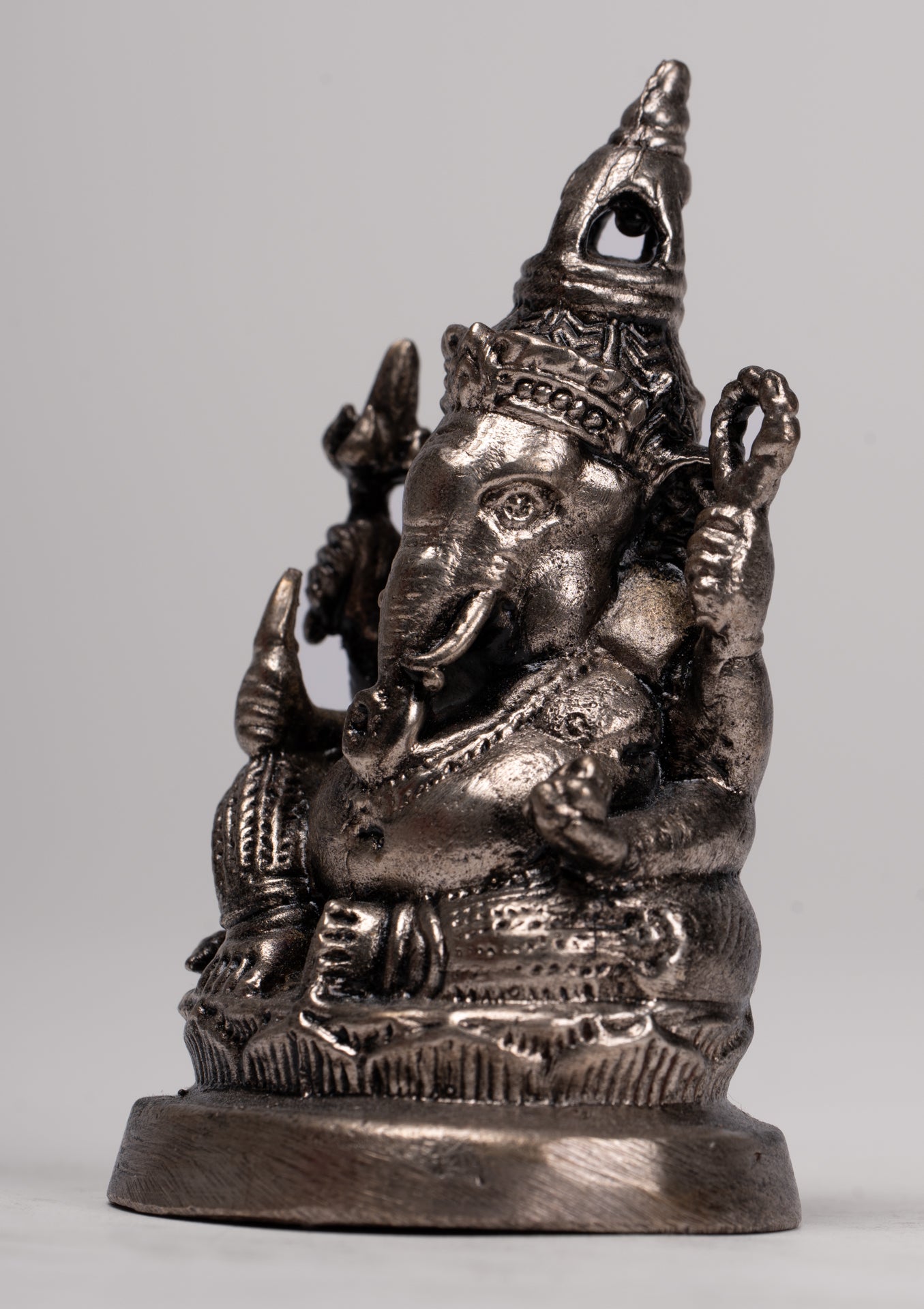 Ganesha Statue - Antique Thai Style Bronze Seated Silver Ganesha Statue - 8.5cm/3"