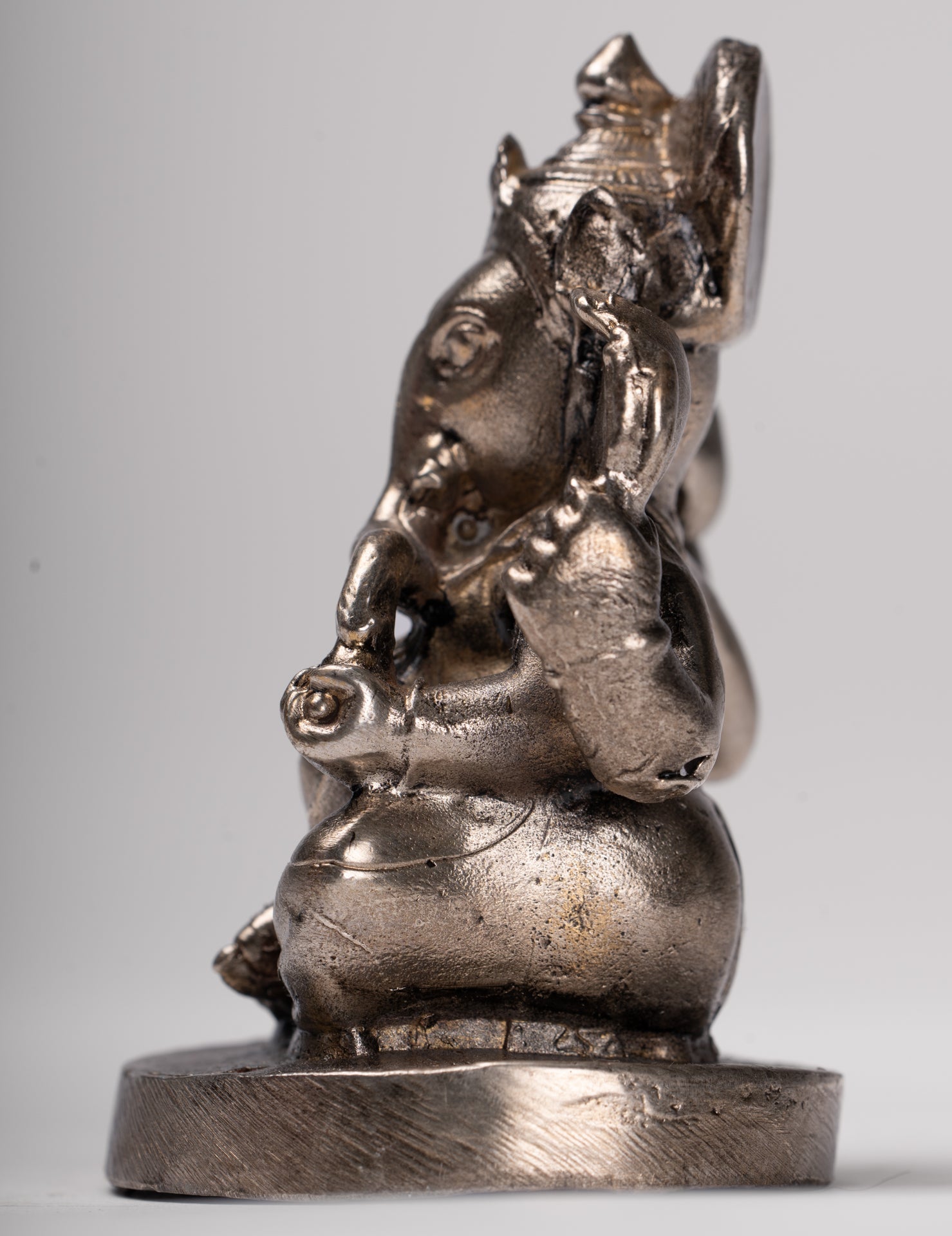Ganesha Statue - Antique Thai Style Bronze Seated Silver Ganesha Statue - 8.5cm/3"