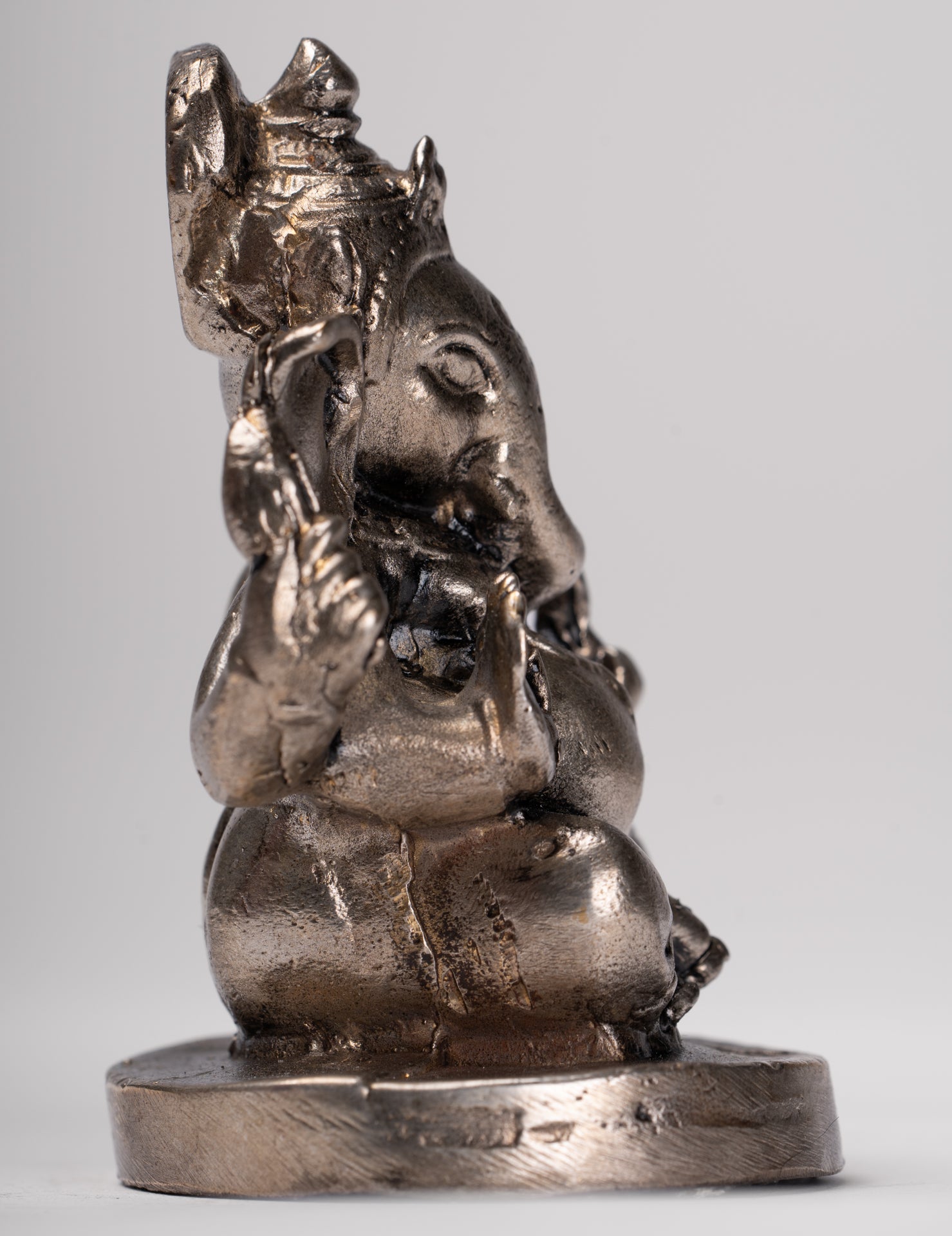 Ganesha Statue - Antique Thai Style Bronze Seated Silver Ganesha Statue - 8.5cm/3"