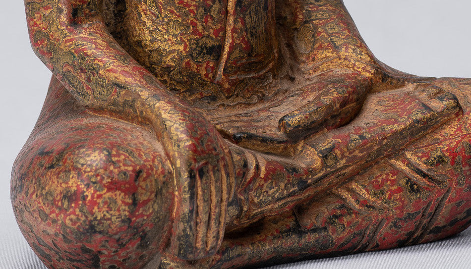 Buddha Statue - Antique Khmer Style SE Asia Seated Wood Enlightenment Buddha Statue - 21cm/8"