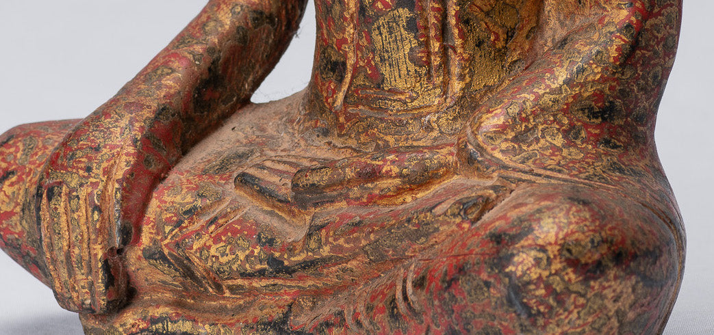 Buddha Statue - Antique Khmer Style SE Asia Seated Wood Enlightenment Buddha Statue - 21cm/8"