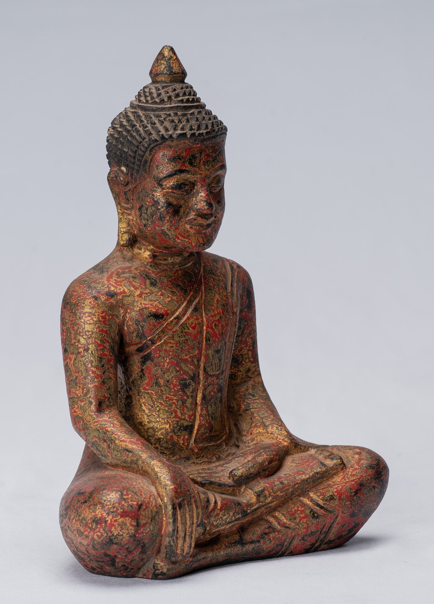 Buddha Statue - Antique Khmer Style SE Asia Seated Wood Enlightenment Buddha Statue - 21cm/8"