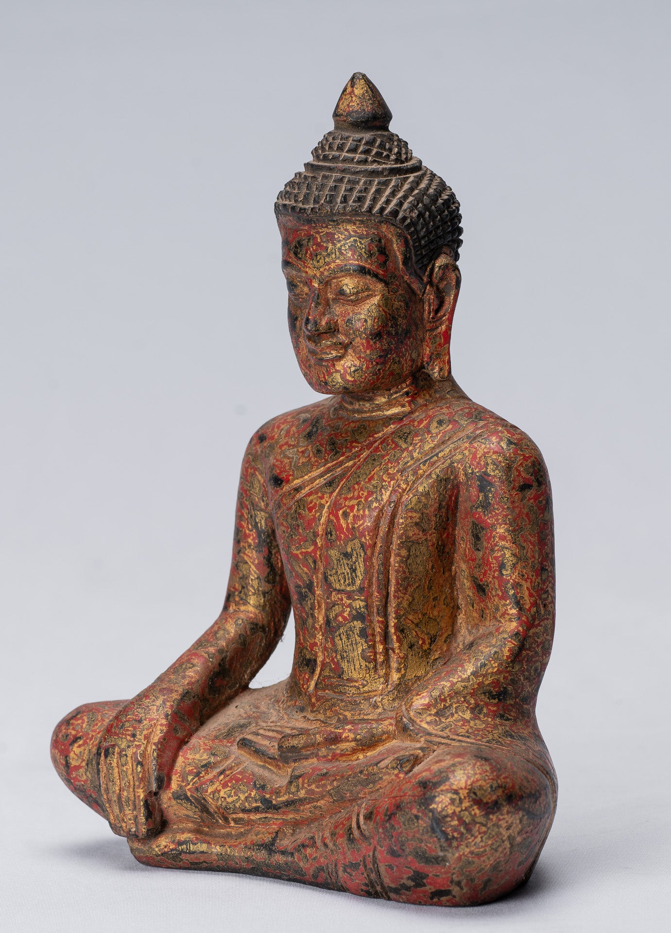 Buddha Statue - Antique Khmer Style SE Asia Seated Wood Enlightenment Buddha Statue - 21cm/8"