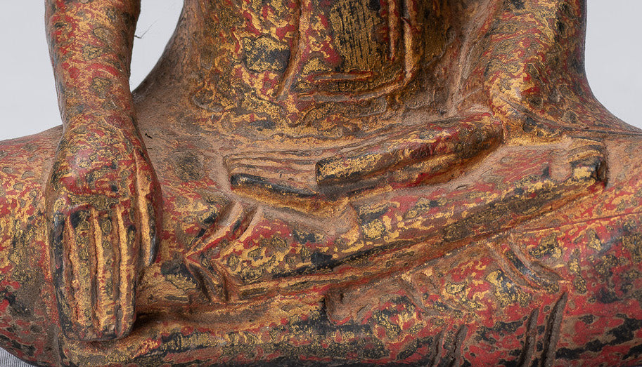 Buddha Statue - Antique Khmer Style SE Asia Seated Wood Enlightenment Buddha Statue - 21cm/8"