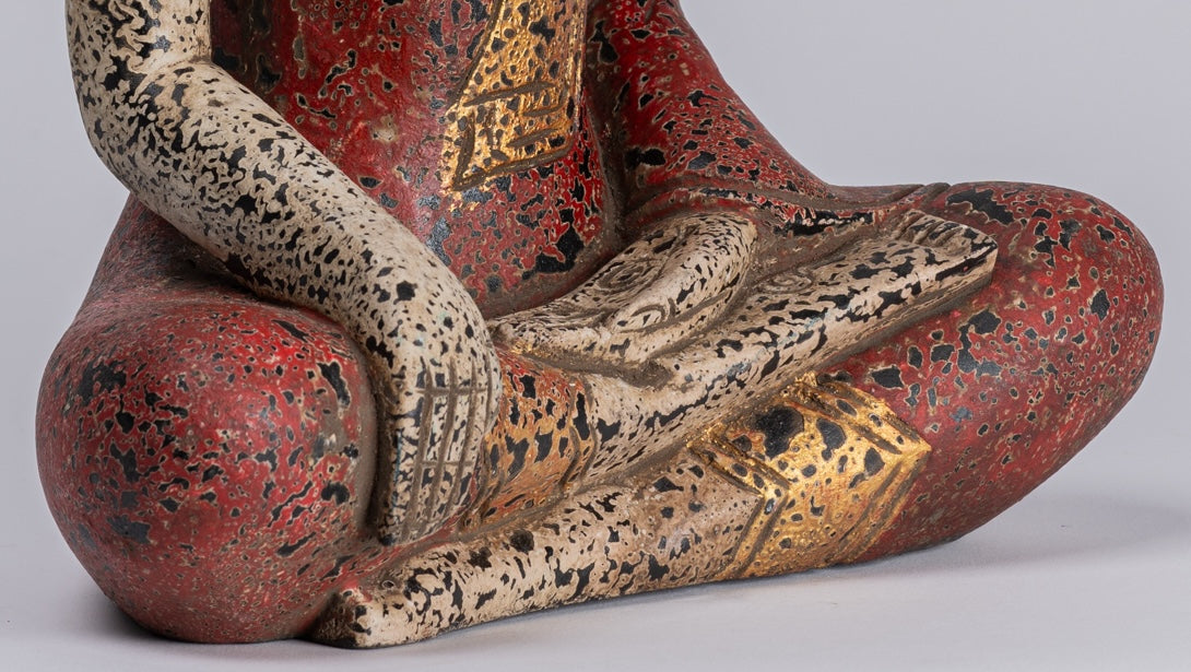 Buddha Statue - Antique Khmer Style SE Asia Seated Wood Enlightenment Buddha Statue - 34cm/14"