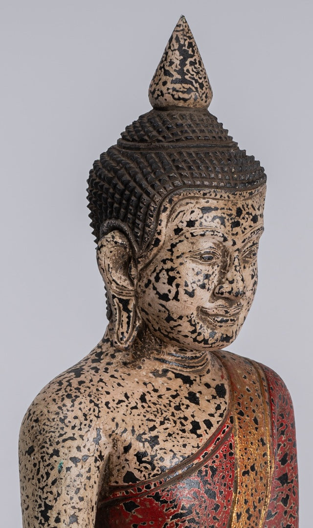 Buddha Statue - Antique Khmer Style SE Asia Seated Wood Enlightenment Buddha Statue - 34cm/14"