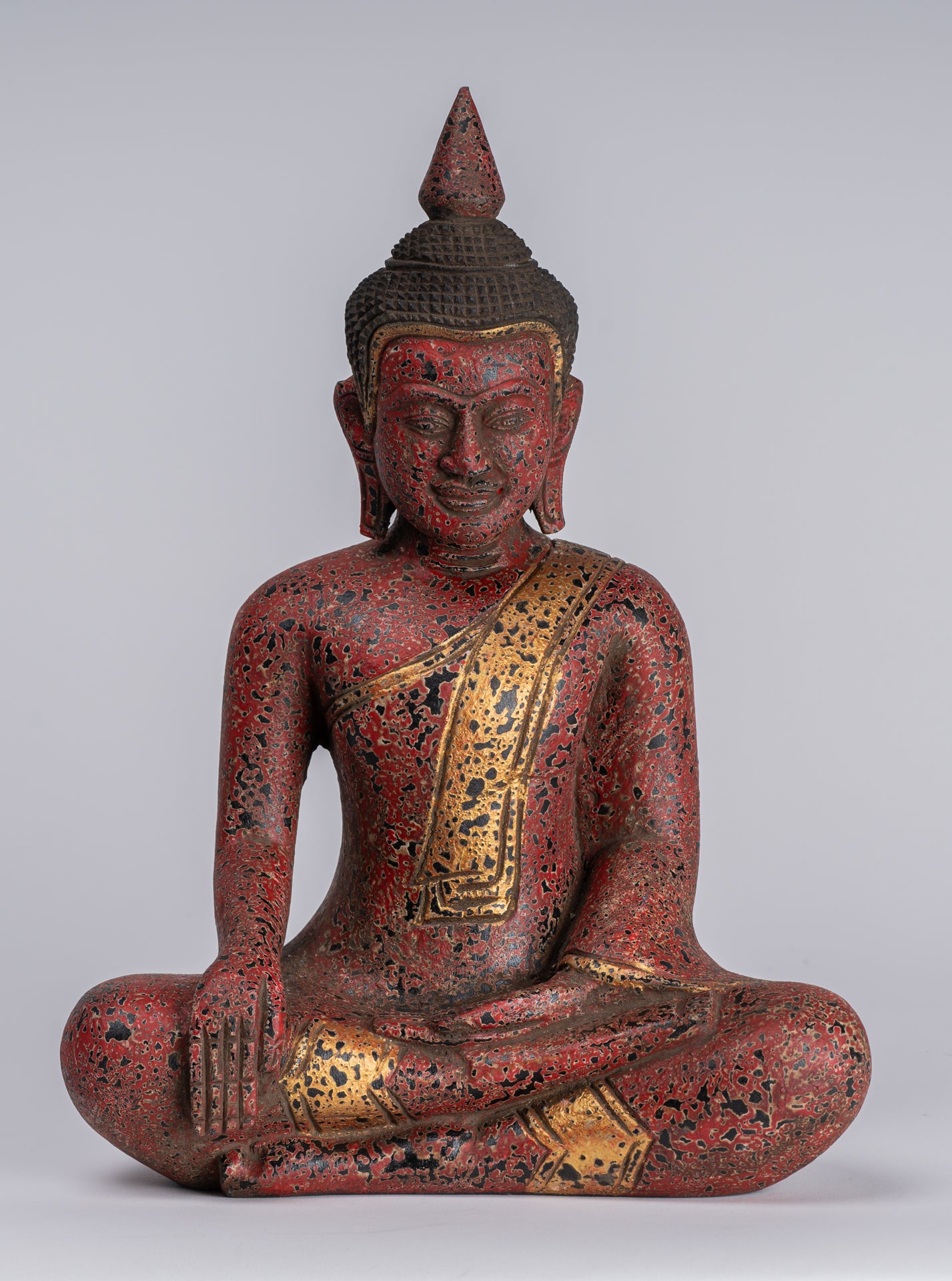 Buddha Statue - Antique Khmer Style SE Asia Seated Wood Enlightenment Buddha Statue - 33cm/13"