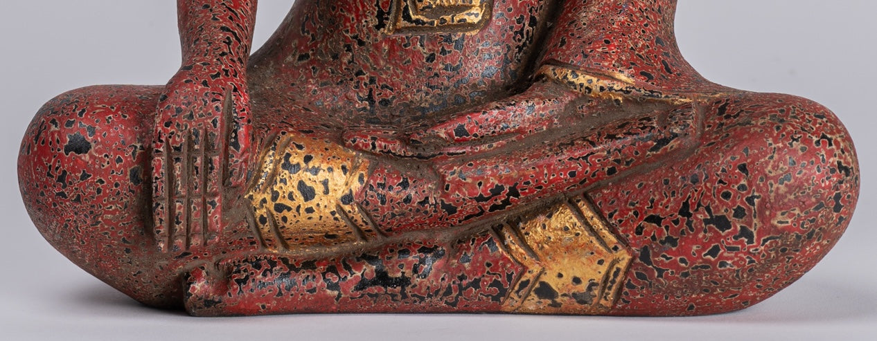 Buddha Statue - Antique Khmer Style SE Asia Seated Wood Enlightenment Buddha Statue - 33cm/13"