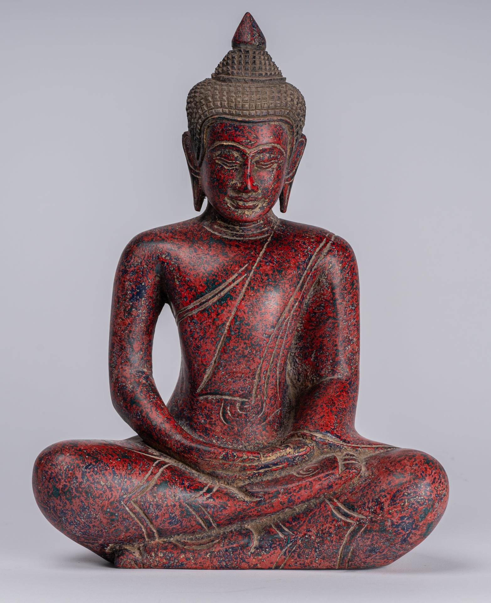 Buddha Sculpture - Antique Khmer Style Wood Seated Buddha Statue Dhyana Meditation Mudra - 33cm/13"