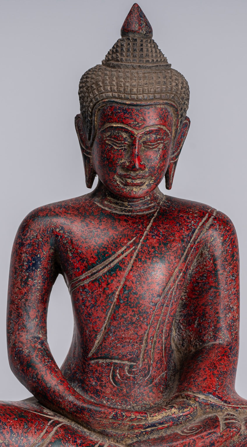 Buddha Sculpture - Antique Khmer Style Wood Seated Buddha Statue Dhyana Meditation Mudra - 33cm/13"