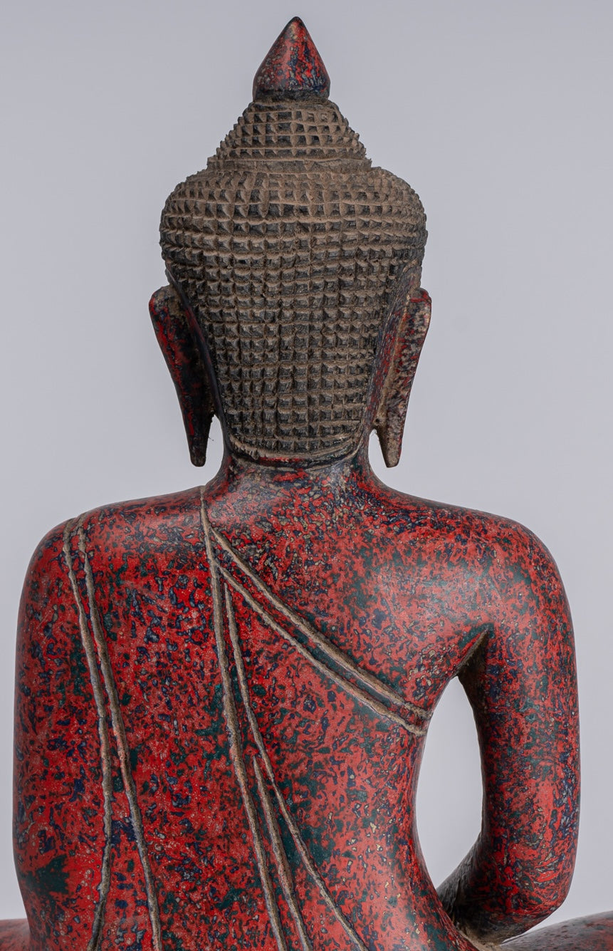 Buddha Sculpture - Antique Khmer Style Wood Seated Buddha Statue Dhyana Meditation Mudra - 33cm/13"