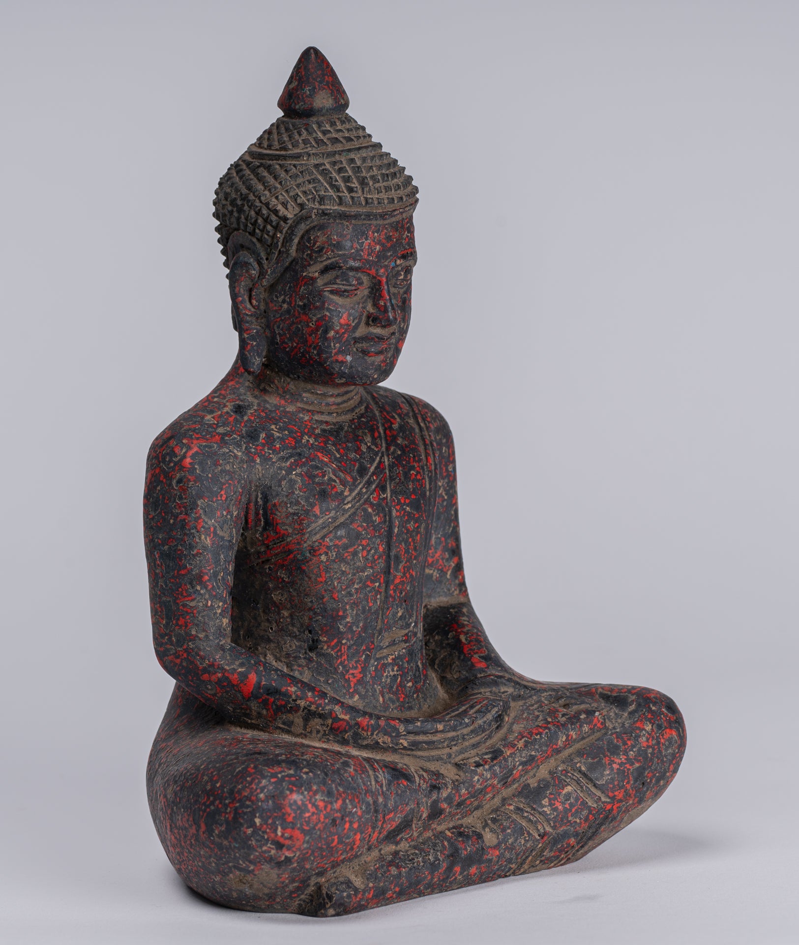 Buddha Sculpture - Antique Khmer Style Wood Seated Buddha Statue Dhyana Meditation Mudra - 20cm/8"