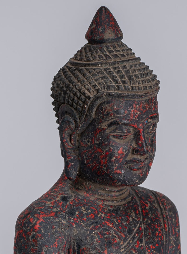 Buddha Sculpture - Antique Khmer Style Wood Seated Buddha Statue Dhyana Meditation Mudra - 20cm/8"