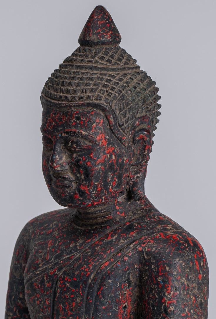 Buddha Sculpture - Antique Khmer Style Wood Seated Buddha Statue Dhyana Meditation Mudra - 20cm/8"