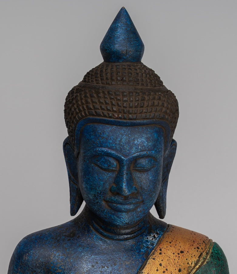 Buddha Sculpture - Antique Khmer Style Wood Seated Buddha Statue Dhyana Meditation Mudra - 46cm/18"