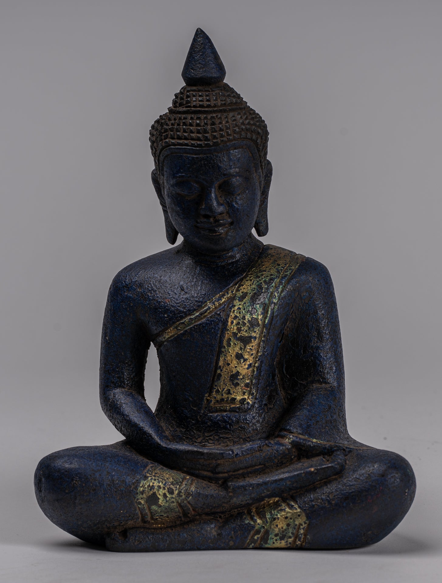 Buddha Sculpture - Antique Khmer Style Wood Seated Buddha Statue Dhyana Meditation Mudra - 21cm/8"