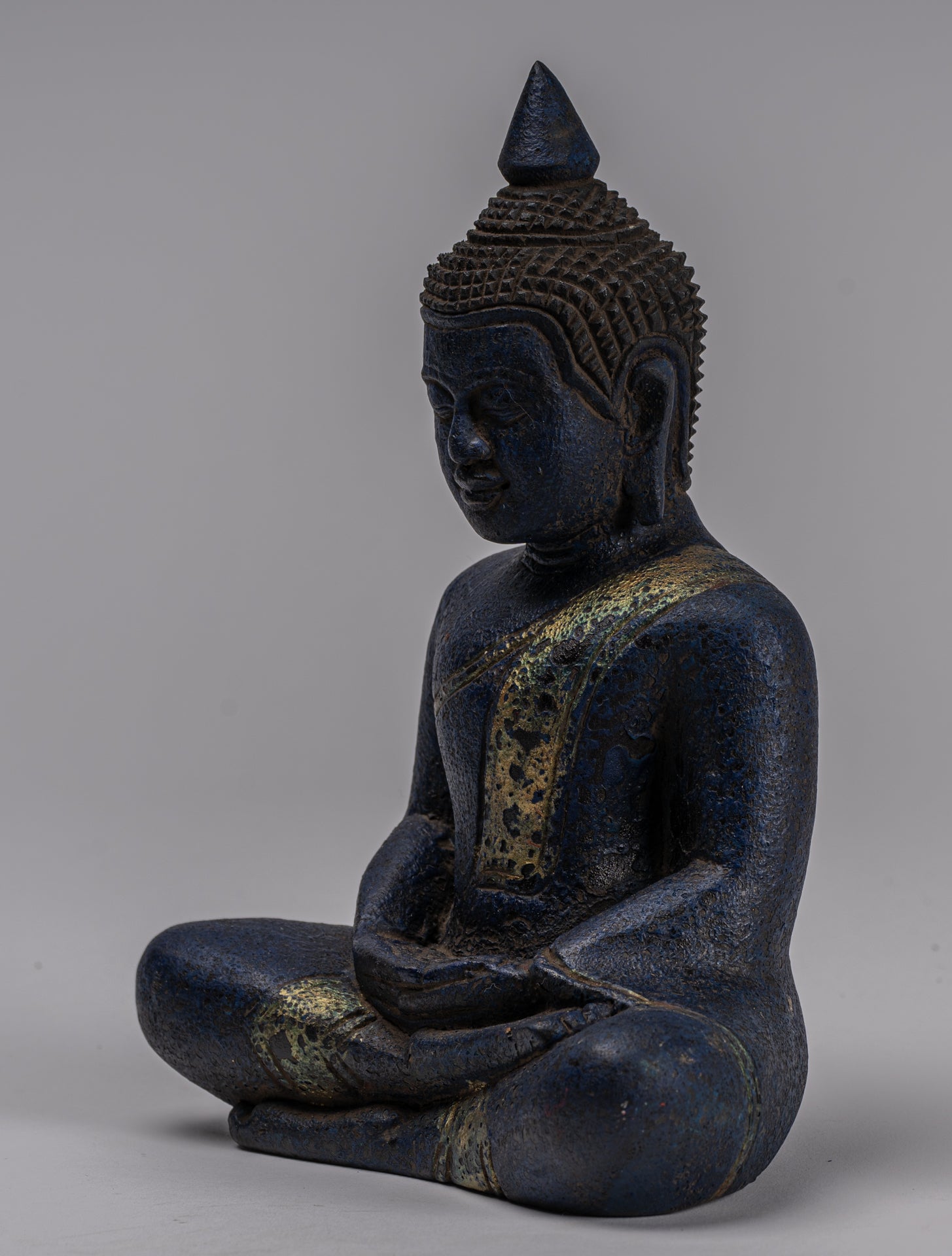 Buddha Sculpture - Antique Khmer Style Wood Seated Buddha Statue Dhyana Meditation Mudra - 21cm/8"