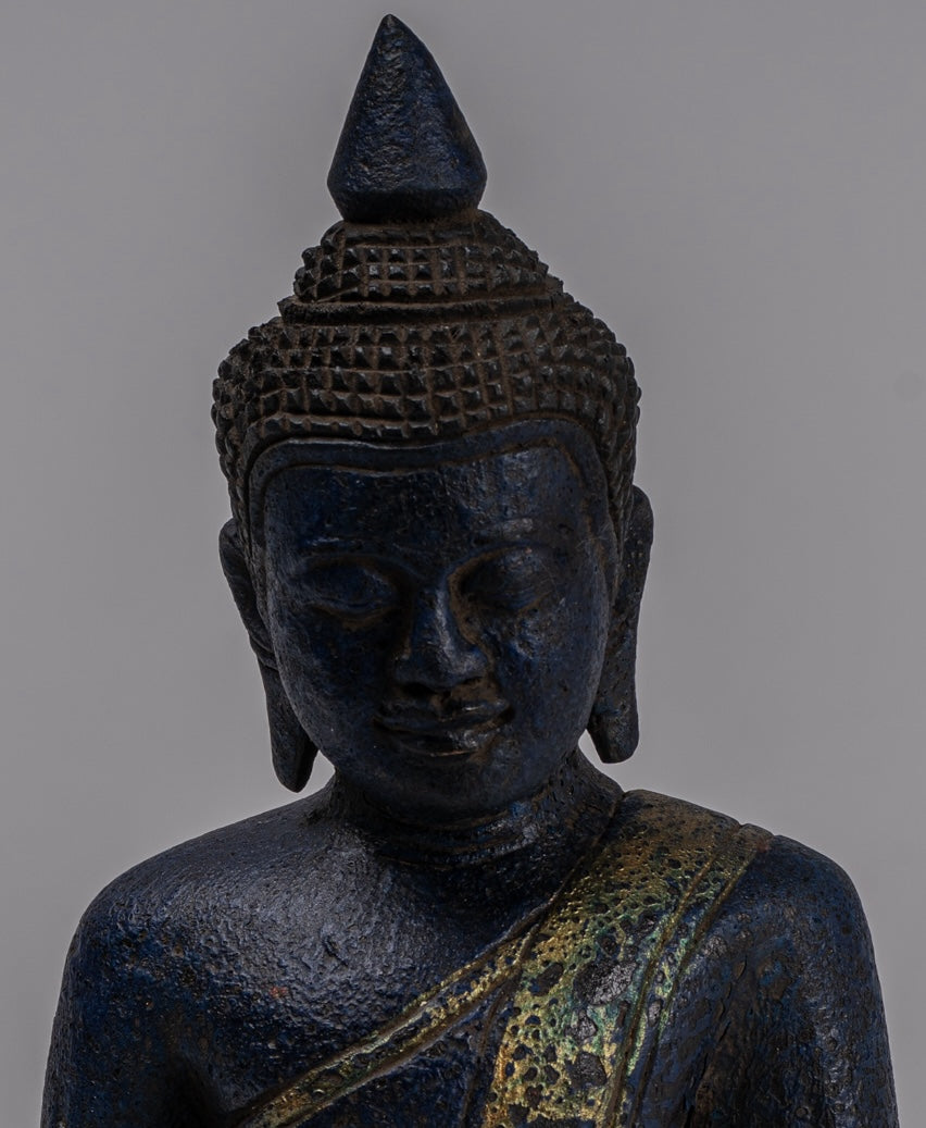 Buddha Sculpture - Antique Khmer Style Wood Seated Buddha Statue Dhyana Meditation Mudra - 21cm/8"