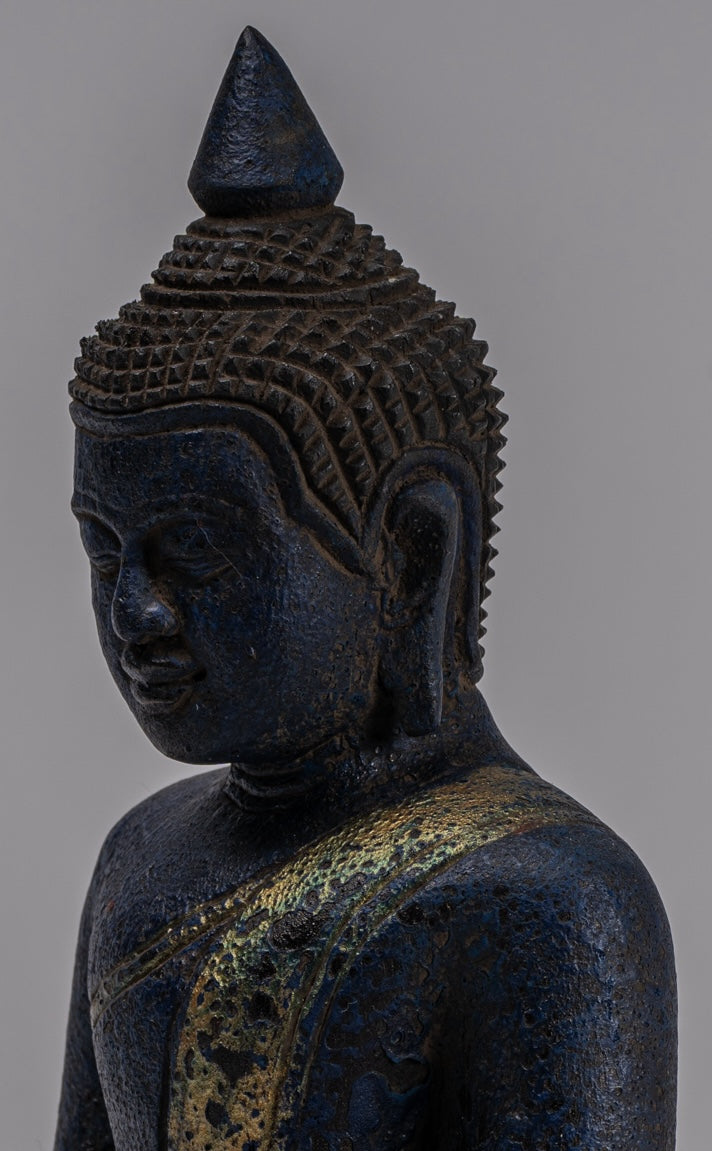 Buddha Sculpture - Antique Khmer Style Wood Seated Buddha Statue Dhyana Meditation Mudra - 21cm/8"