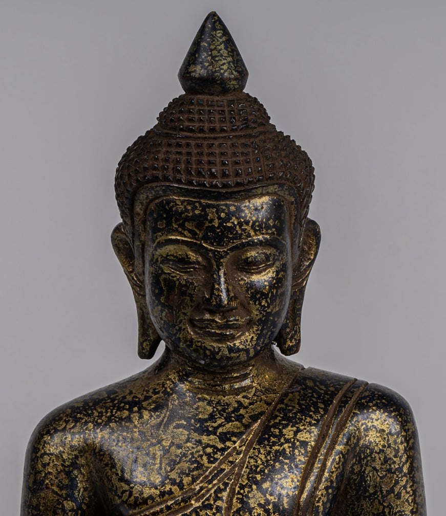 Buddha Statue - Antique Khmer Style SE Asia Seated Wood Enlightenment Buddha Statue - 26cm/10"