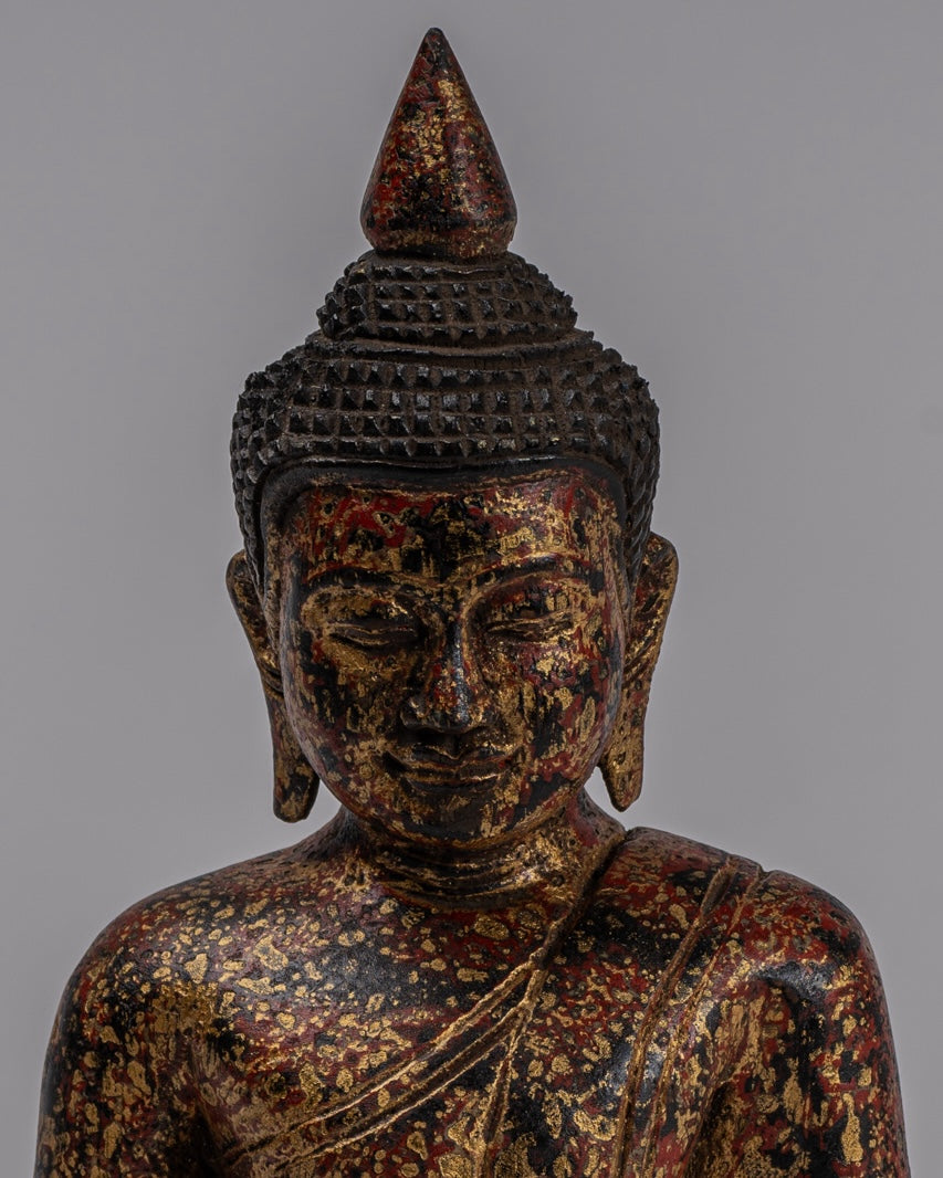 Buddha Sculpture - Antique Khmer Style Wood Seated Buddha Statue Dhyana Meditation Mudra - 21cm/8"