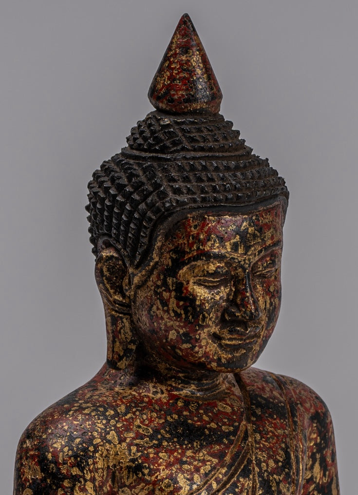 Buddha Sculpture - Antique Khmer Style Wood Seated Buddha Statue Dhyana Meditation Mudra - 21cm/8"