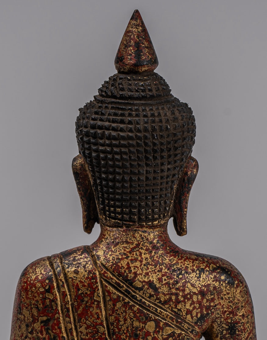 Buddha Sculpture - Antique Khmer Style Wood Seated Buddha Statue Dhyana Meditation Mudra - 21cm/8"