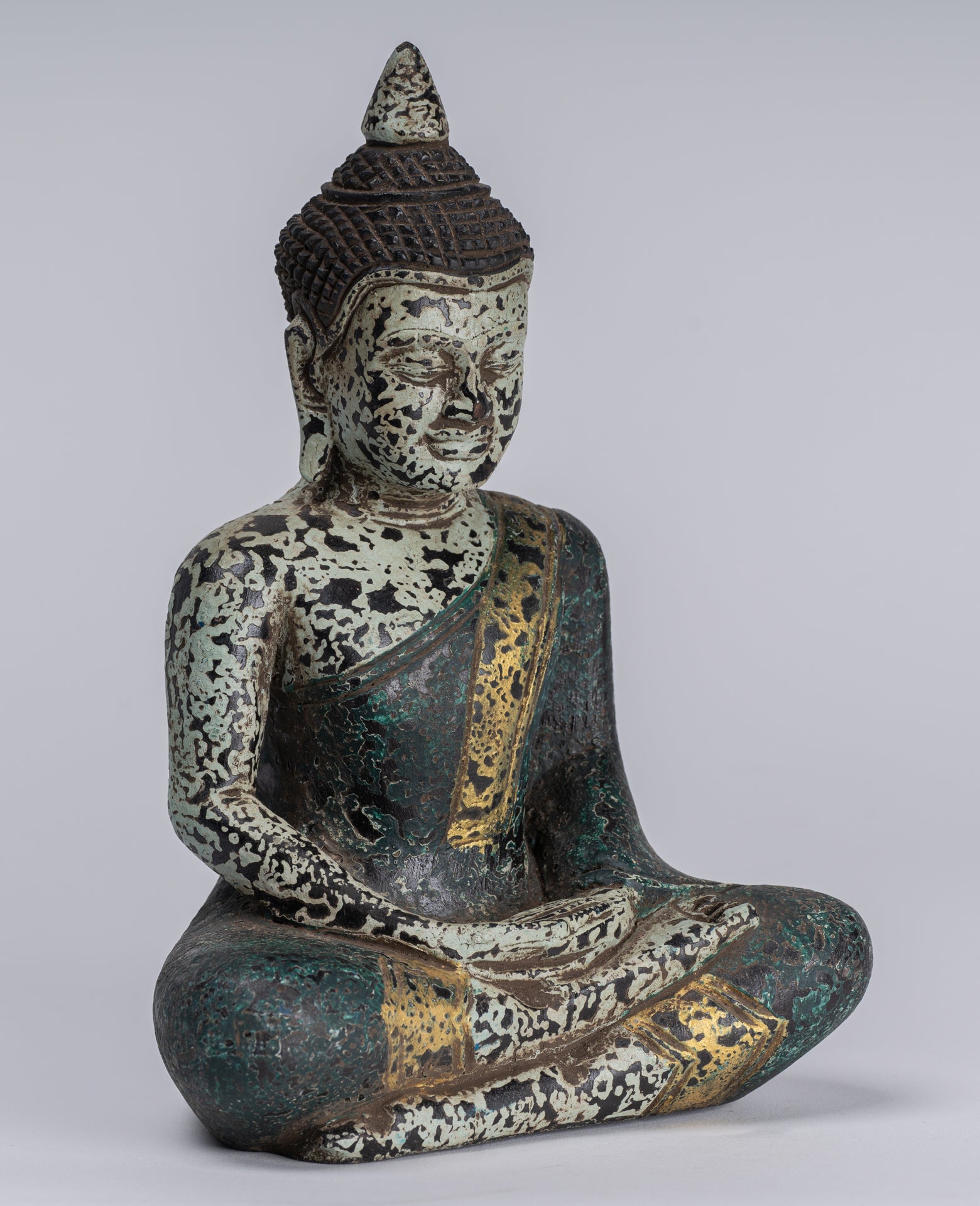 Buddha Sculpture - Antique Khmer Style Wood Seated Buddha Statue Dhyana Meditation Mudra - 21cm/8"