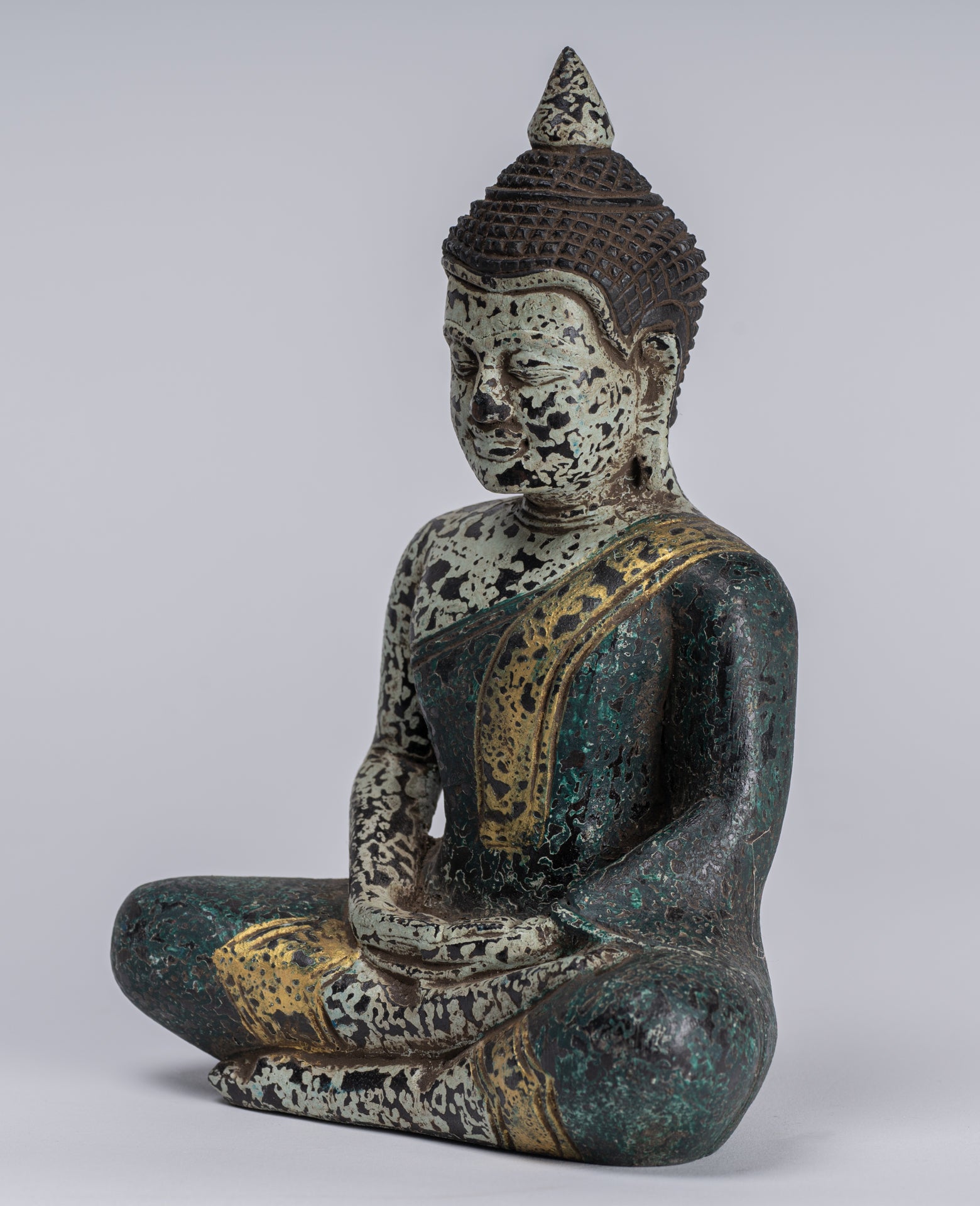 Buddha Sculpture - Antique Khmer Style Wood Seated Buddha Statue Dhyana Meditation Mudra - 21cm/8"