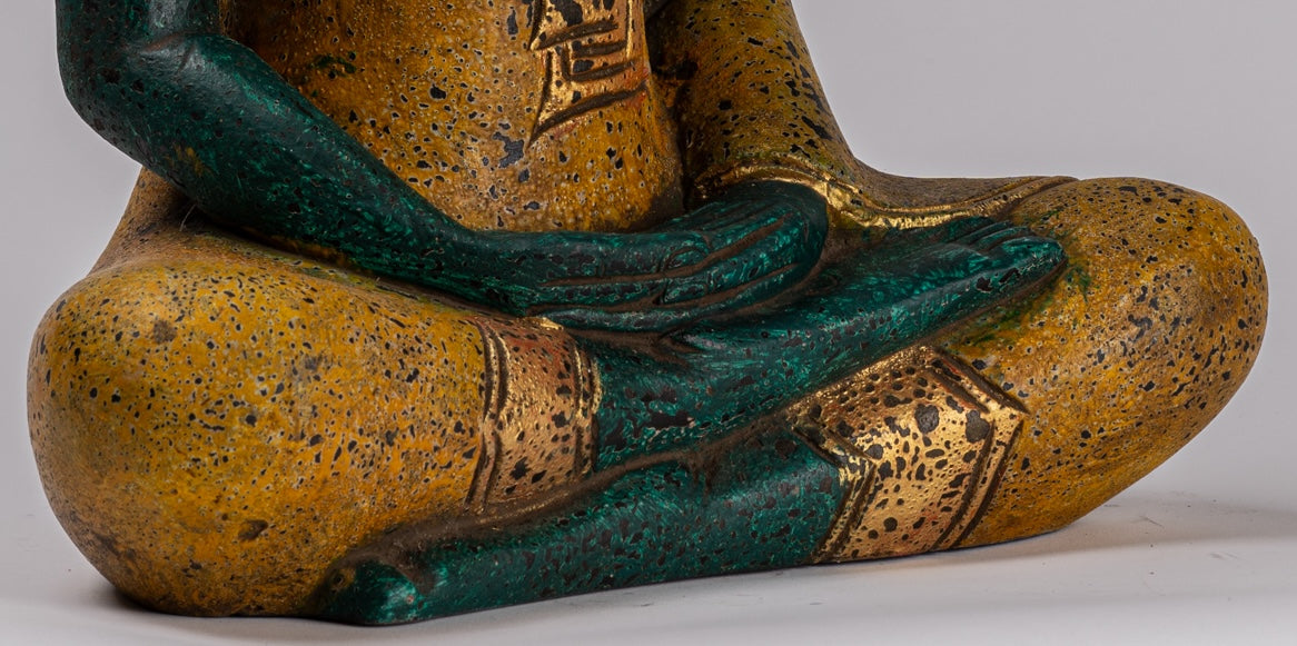 Buddha Sculpture - Antique Khmer Style Wood Seated Buddha Statue Dhyana Meditation Mudra - 39cm/16"