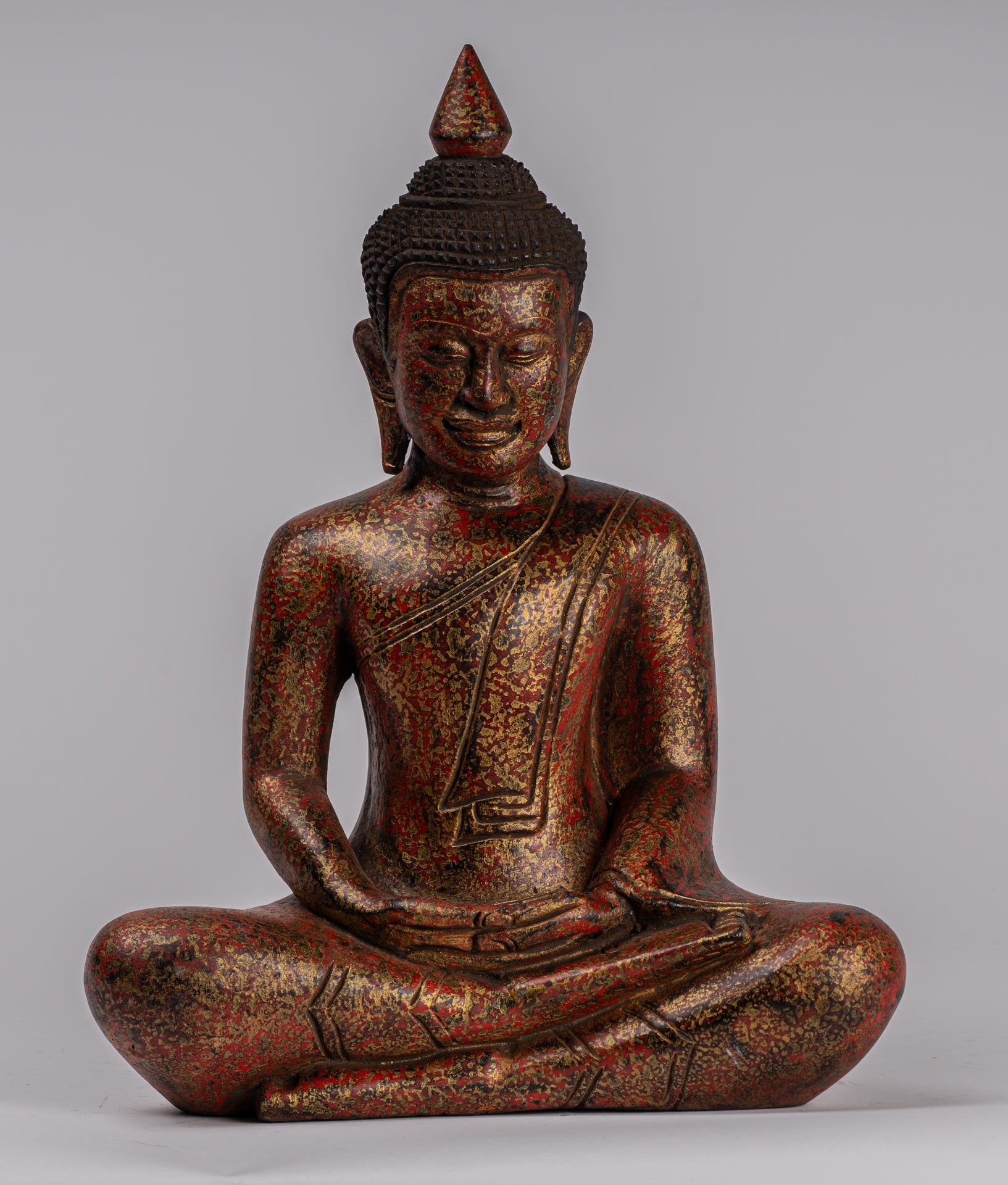 Buddha Sculpture - Antique Khmer Style Wood Seated Buddha Statue Dhyana Meditation Mudra - 32cm/13"