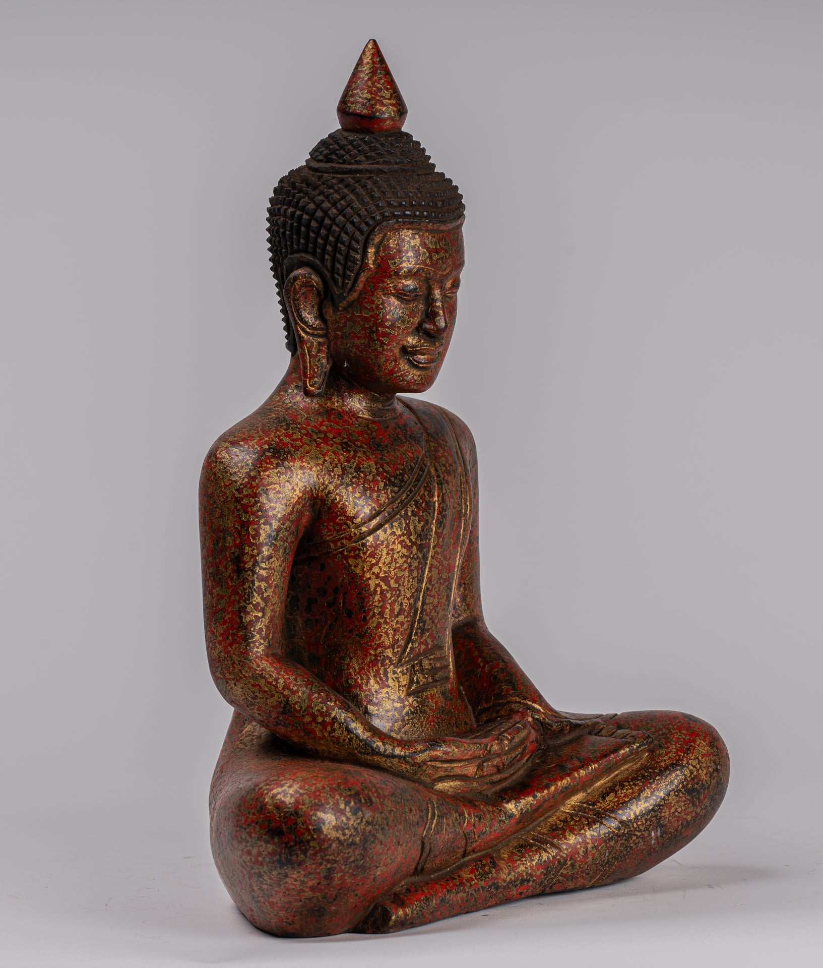 Buddha Sculpture - Antique Khmer Style Wood Seated Buddha Statue Dhyana Meditation Mudra - 32cm/13"
