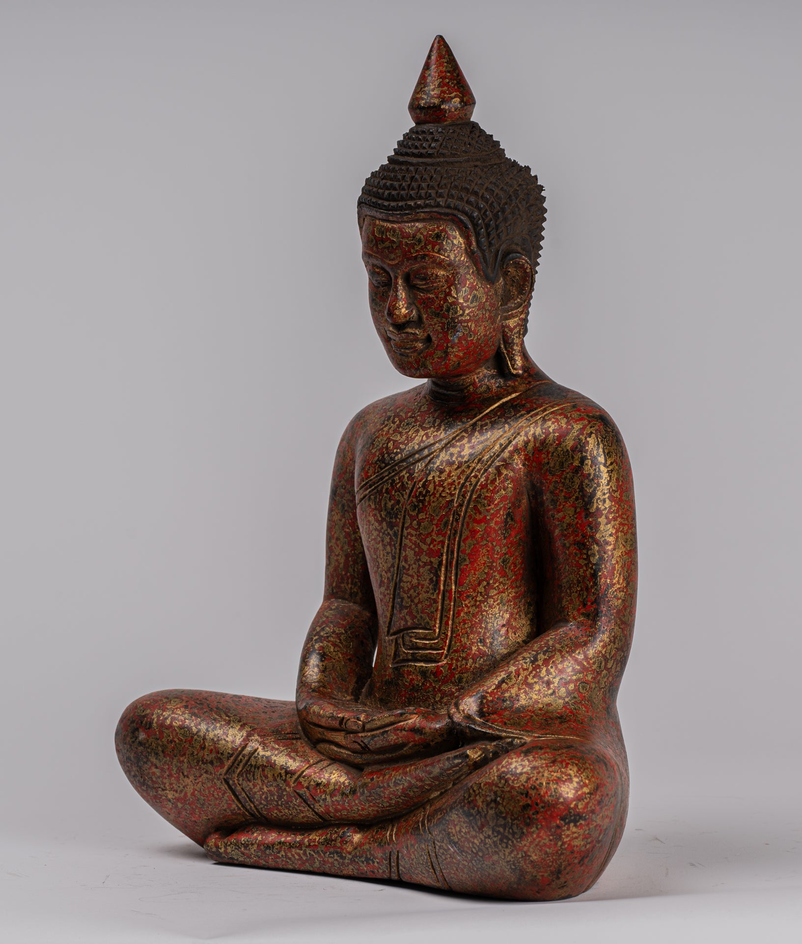 Buddha Sculpture - Antique Khmer Style Wood Seated Buddha Statue Dhyana Meditation Mudra - 32cm/13"