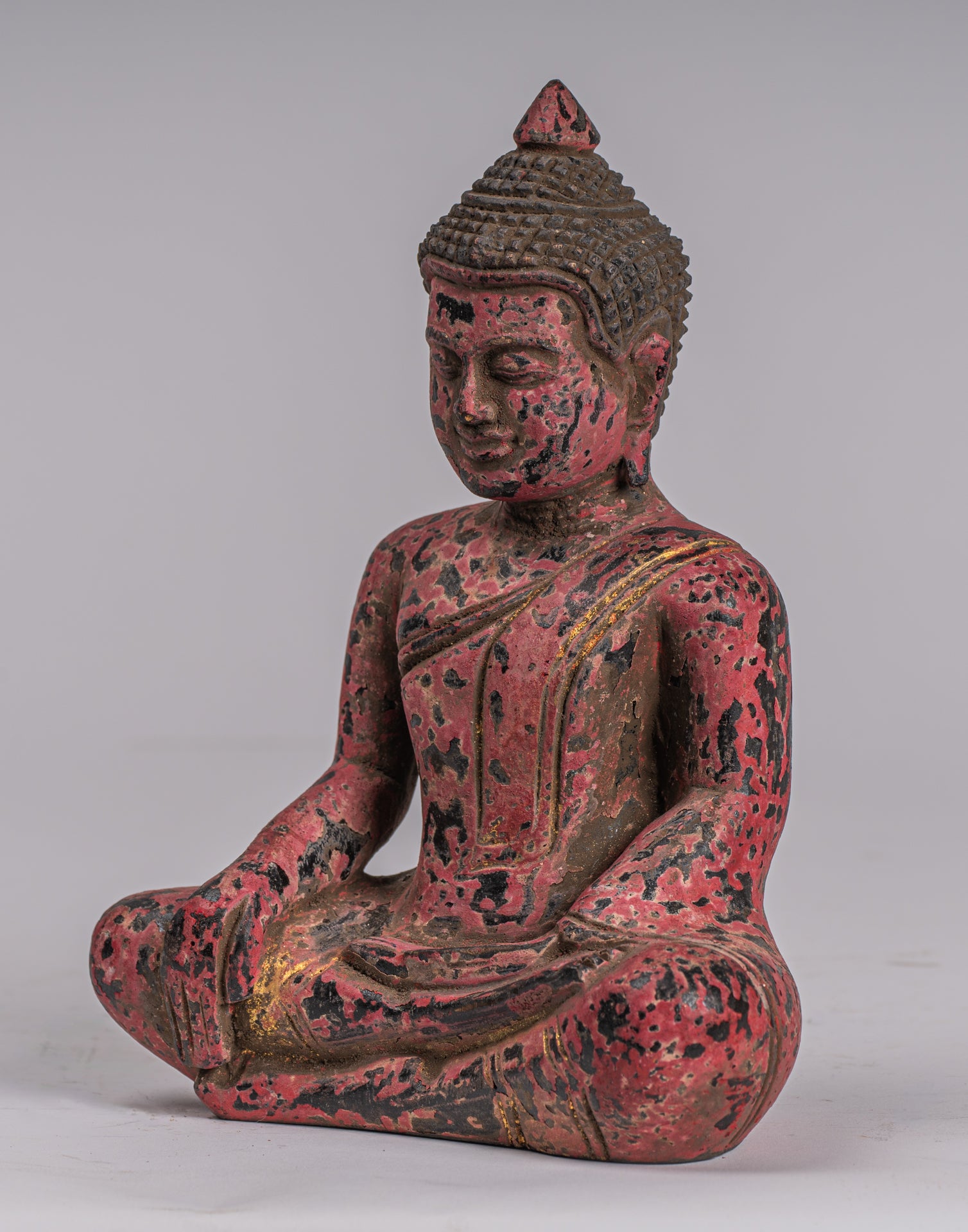 Buddha Statue - Antique Khmer Style SE Asia Seated Wood Enlightenment Buddha Statue - 21cm/8"