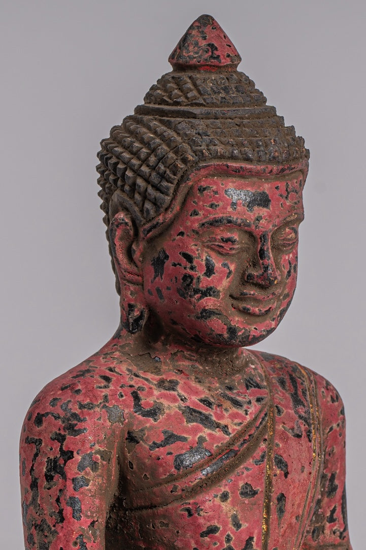 Buddha Statue - Antique Khmer Style SE Asia Seated Wood Enlightenment Buddha Statue - 21cm/8"