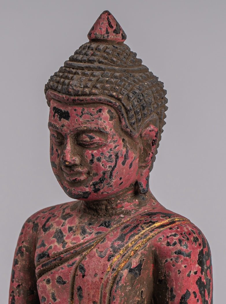 Buddha Statue - Antique Khmer Style SE Asia Seated Wood Enlightenment Buddha Statue - 21cm/8"