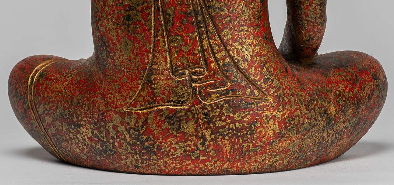 Buddha Statue - Antique Khmer Style SE Asia Seated Wood Enlightenment Buddha Statue - 33cm/13"