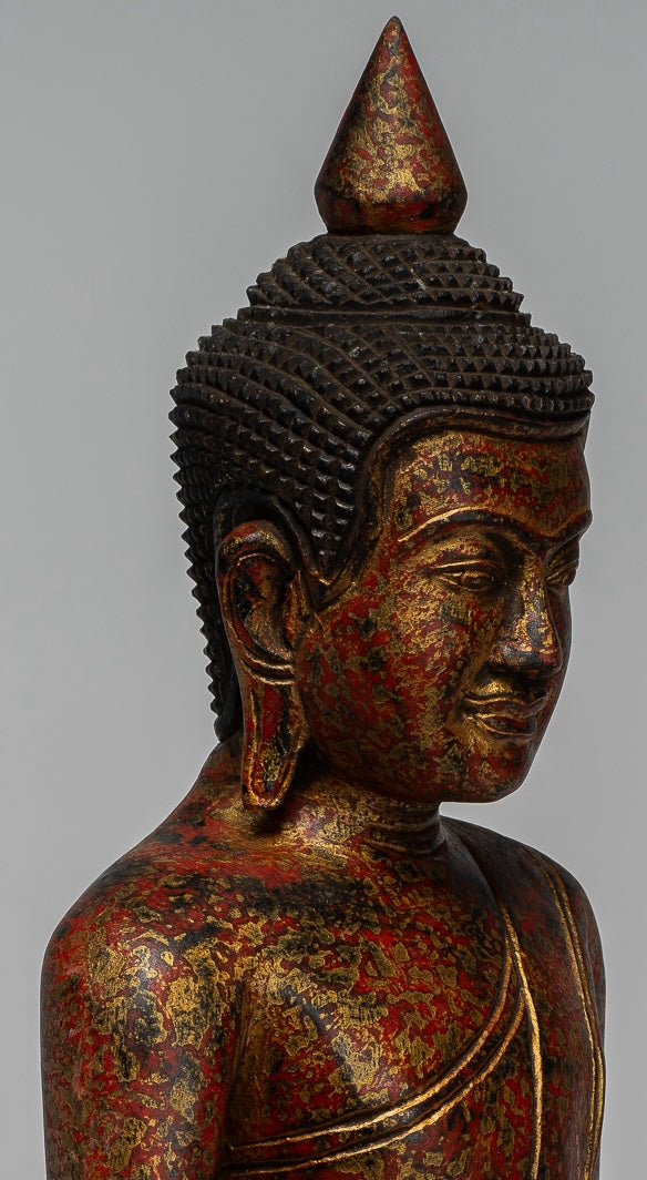 Buddha Statue - Antique Khmer Style SE Asia Seated Wood Enlightenment Buddha Statue - 33cm/13"