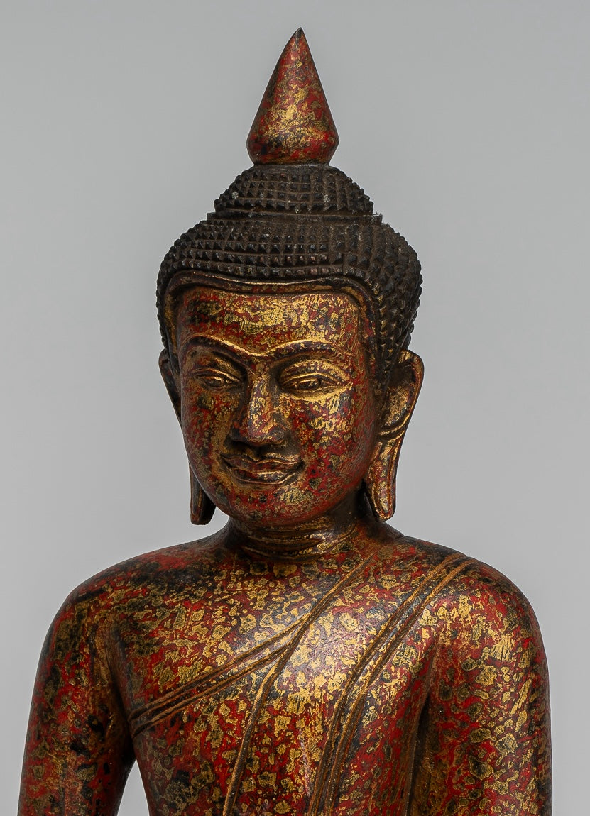 Buddha Statue - Antique Khmer Style SE Asia Seated Wood Enlightenment Buddha Statue - 33cm/13"