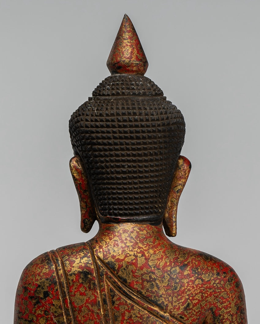 Buddha Statue - Antique Khmer Style SE Asia Seated Wood Enlightenment Buddha Statue - 33cm/13"