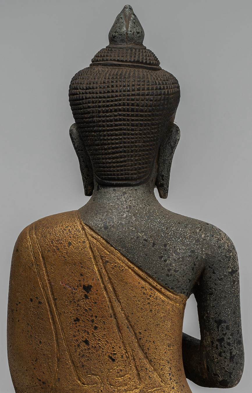 Buddha Statue - Antique Khmer Style Cambodia Seated Wood Buddha Statue Teaching Mudra - 44cm/18"