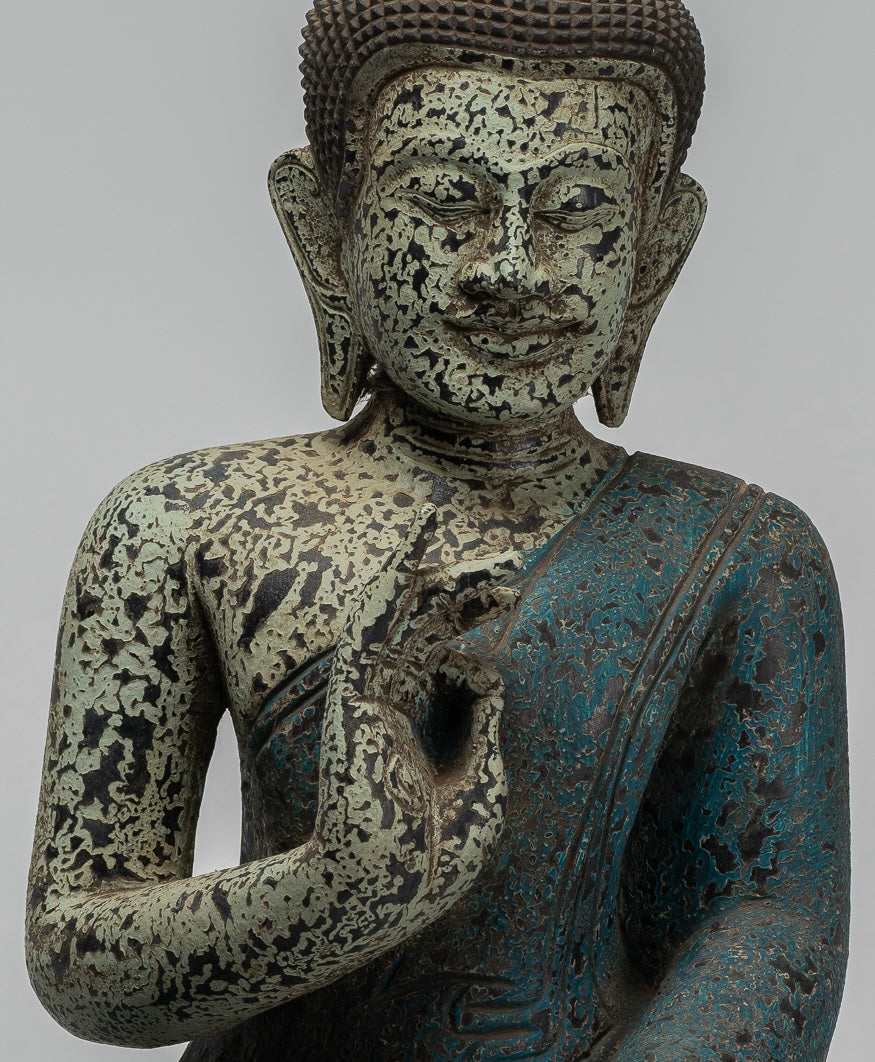 Buddha Statue - Antique Khmer Style Cambodia Seated Wood Buddha Statue Teaching Mudra - 44cm/18"