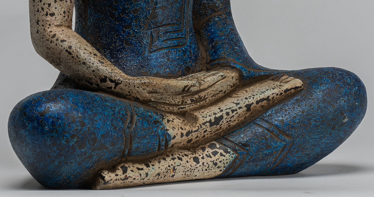 Buddha Sculpture - Antique Khmer Style Wood Seated Buddha Statue Dhyana Meditation Mudra - 33cm/13"