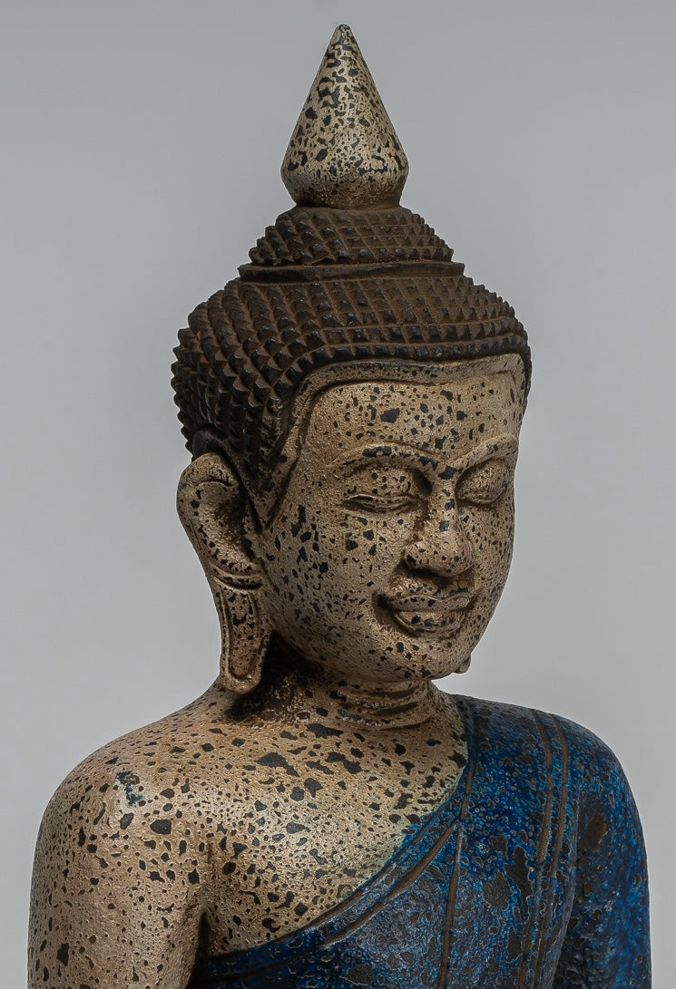Buddha Sculpture - Antique Khmer Style Wood Seated Buddha Statue Dhyana Meditation Mudra - 33cm/13"