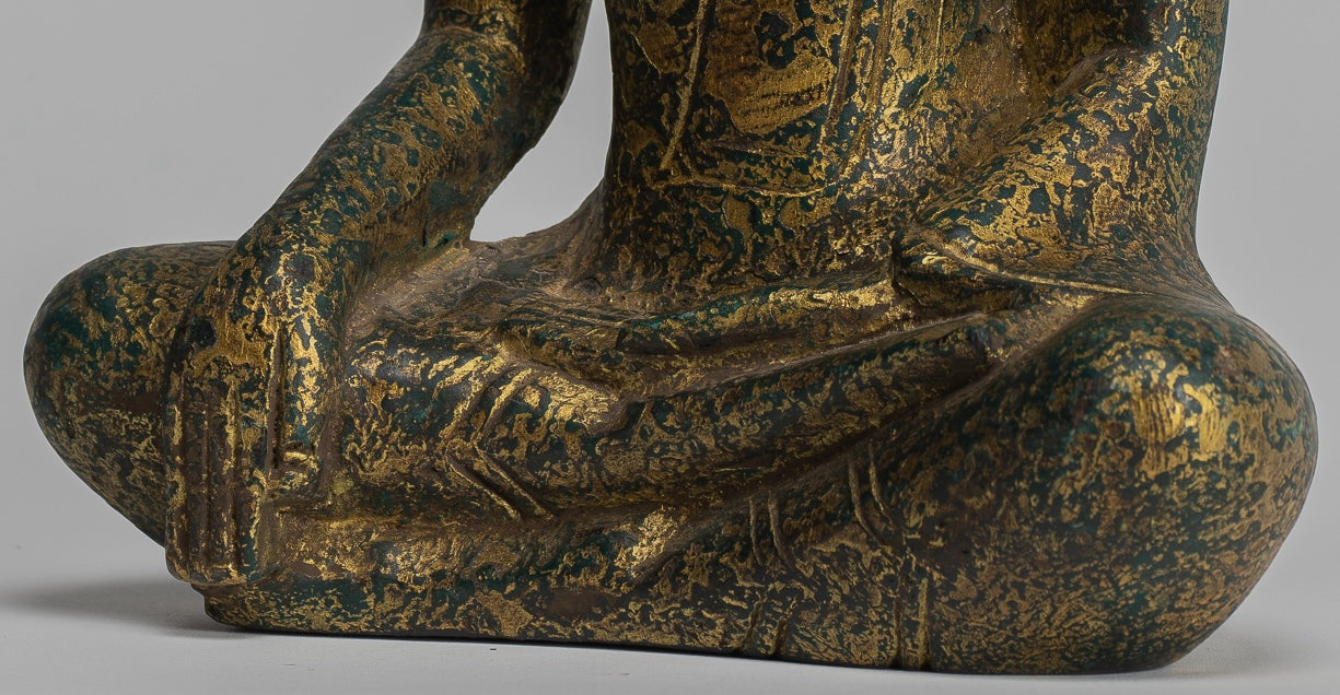 Buddha Statue - Antique Khmer Style SE Asia Seated Wood Enlightenment Buddha Statue - 27cm/11"