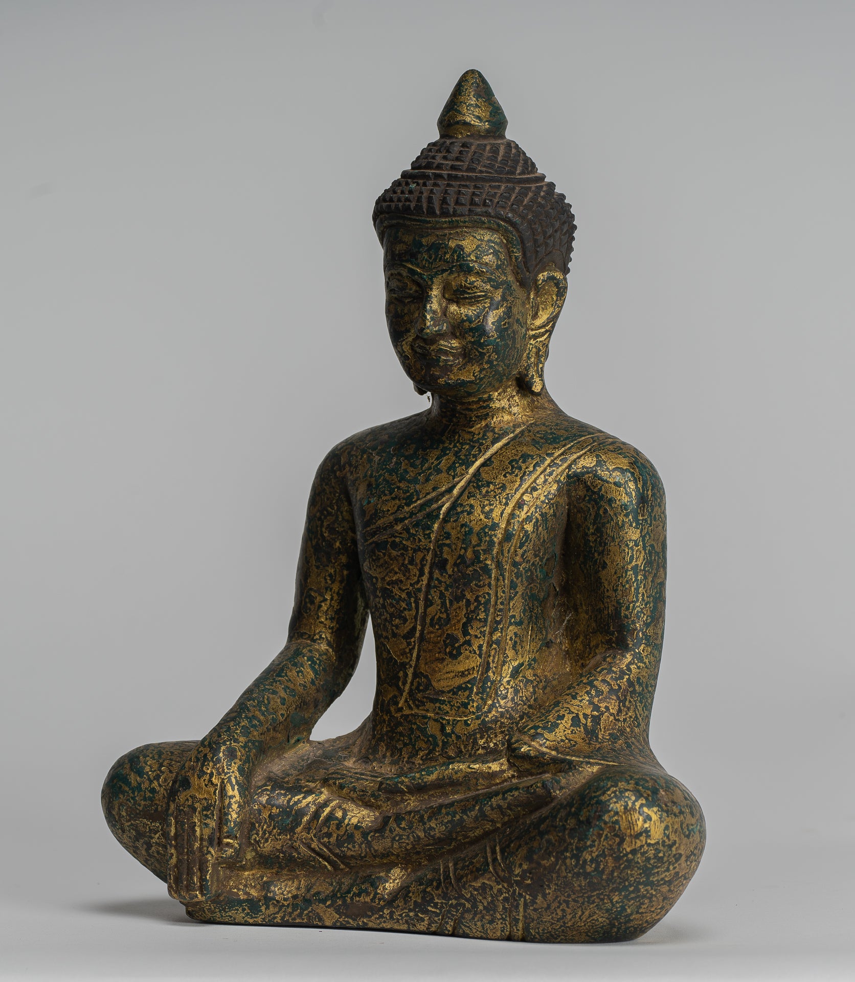 Buddha Statue - Antique Khmer Style SE Asia Seated Wood Enlightenment Buddha Statue - 27cm/11"