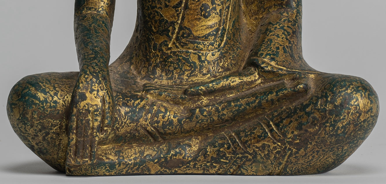 Buddha Statue - Antique Khmer Style SE Asia Seated Wood Enlightenment Buddha Statue - 27cm/11"