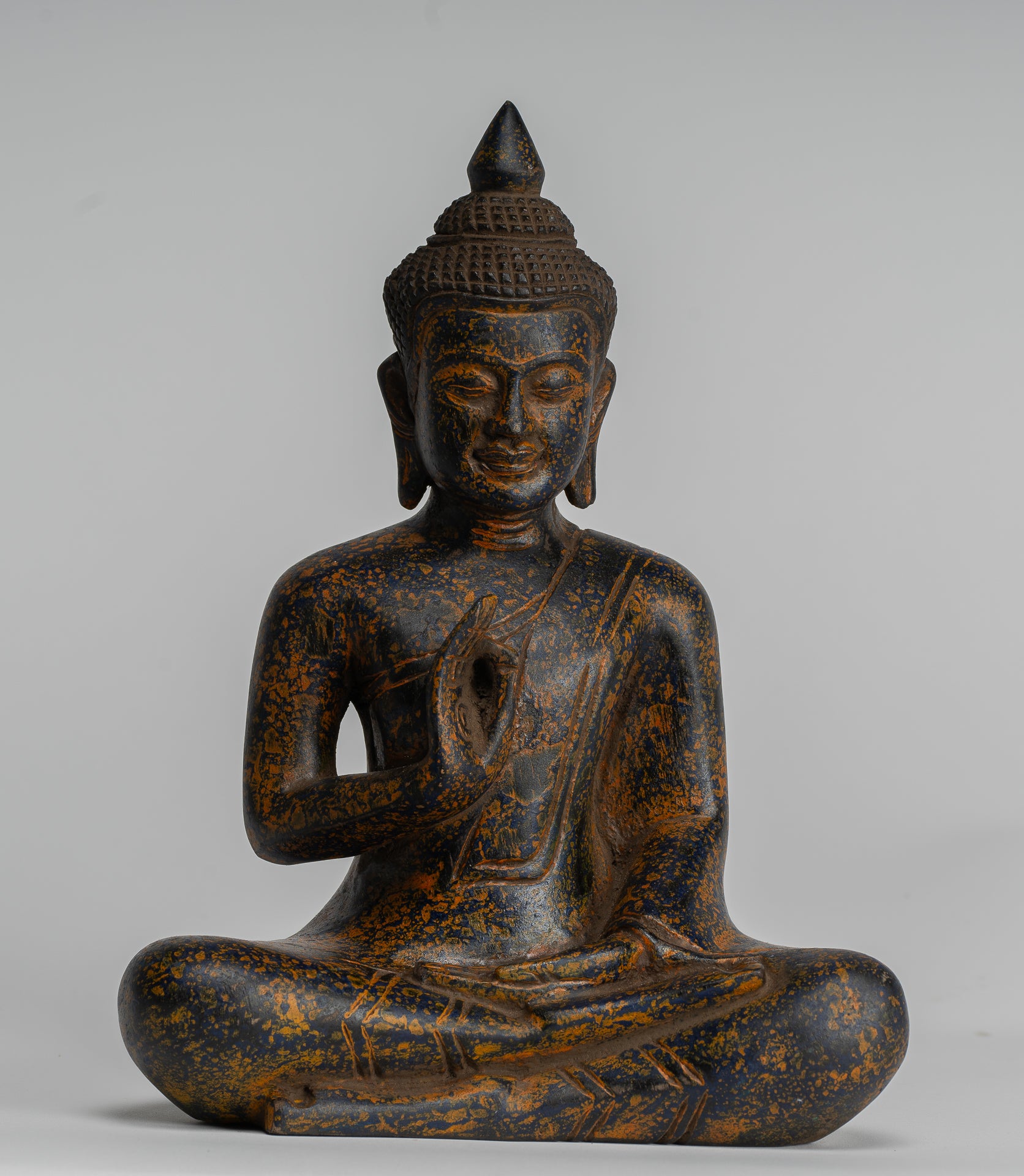 Buddha Statue - Antique Khmer Style Cambodia Seated Wood Buddha Statue Teaching Mudra - 27cm/11"
